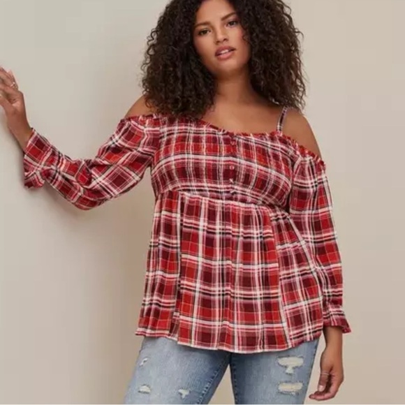 Torrid Babydoll Smocked Cold Shoulder Top 2X Womens Plaid Crinkle Gauze Blouse - Picture 1 of 12